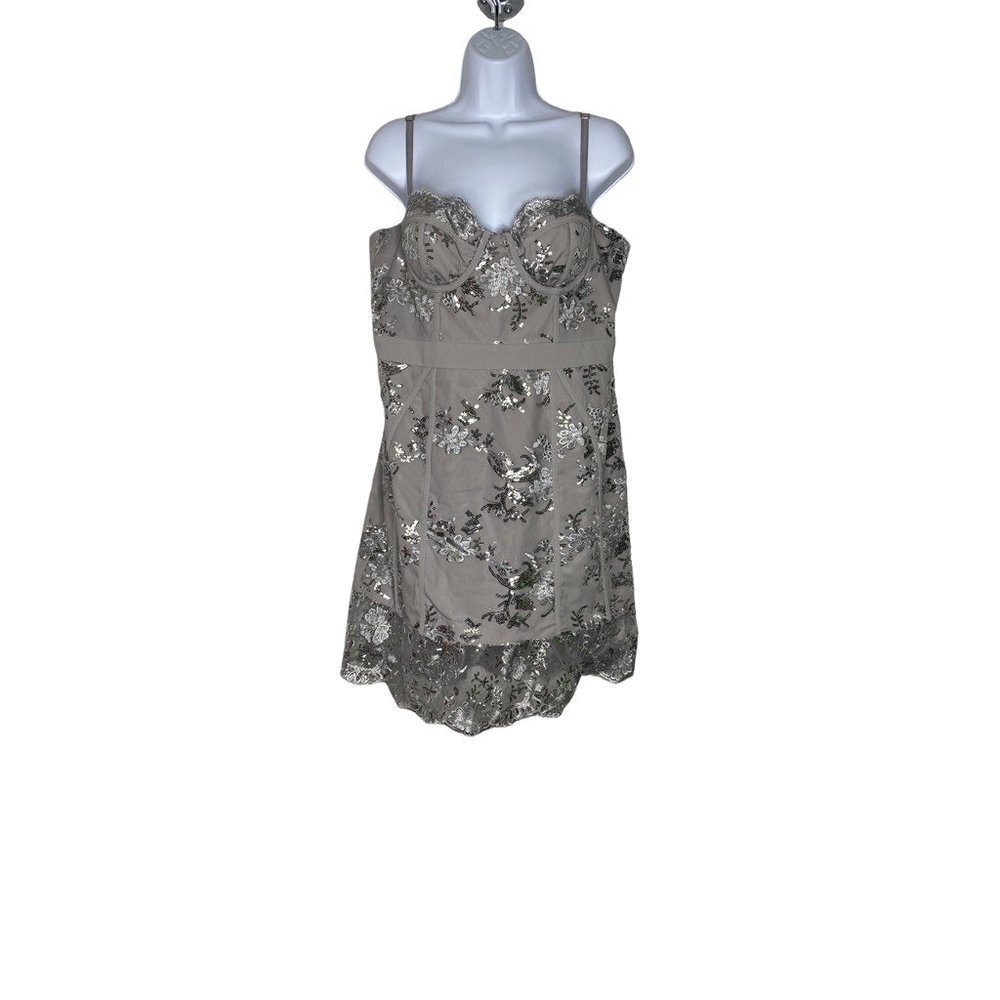 X By NBD Womens A Line Dress Gray Floral Embellished Lined Strapless Zip XL New‎